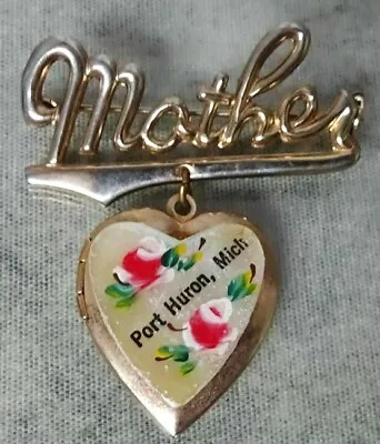 Vintage Enamel Heart Locket Pendant Brooch MOTHER Port Clinton Michigan Souvenir • $29.50