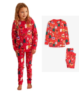 Girls Christmas Pyjamas 100% Brushed Cotton Red Xmas Novelty Children Pajama Set • £7.95