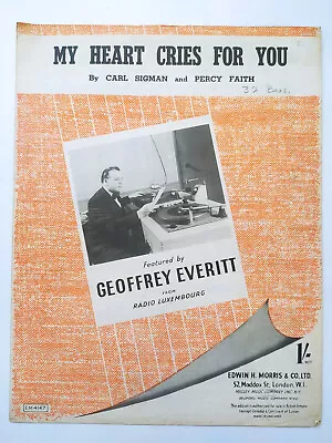 My Heart Cries For You By Carl Sigman And Percy Faith Vintage Sheet Music • $4.30