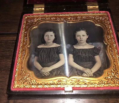Cute Little Girls Sisters Tinted 6th Plate Daguerreotype Rare Design Union Case • $629.99