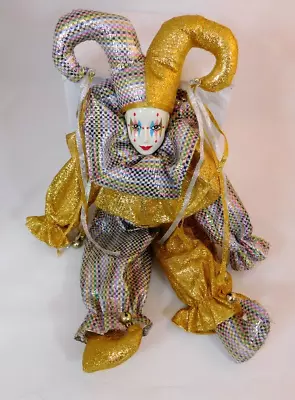 Brinns Harlequin Mardi Gras Jester Porcelain Face 15   Doll Gold & Plaid Shimmer • $19.88