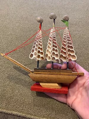 Vintage Wooden Schooner Sailing Ship Boat W Shell Sails 6” Tall (JL) • $15.99