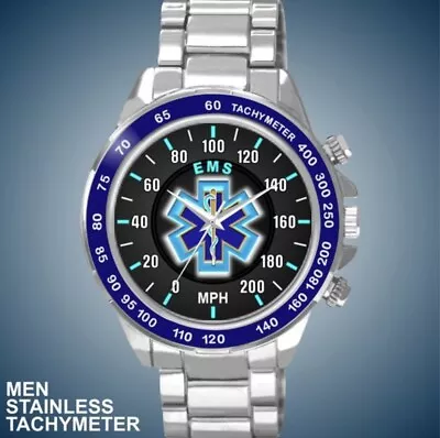 EMS 200 MPH Speedometer Blue Star Of Life Cross Man's New Tachymeter Watch • $48.98