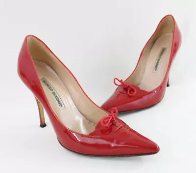 Manolo Blahnik Auth Red Patent Leather Pump Shoe Heel 38 8 • $299