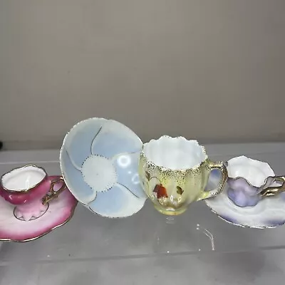 Vintage Miniature Japanese Porcelain Tea Cups & Saucers Pink Yellow Blue Floral • $18