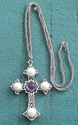 $14.95 • Buy  CRUSADER  Pearl & Purple Cabochon Cross Necklace - Sarah Coventry Jewelry - Vtg