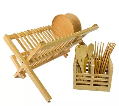 £18.92 • Buy Set Of 2 Bamboo Wood Folding  2 Tier Dish Drainer Plate Rack With Cutlery Holder