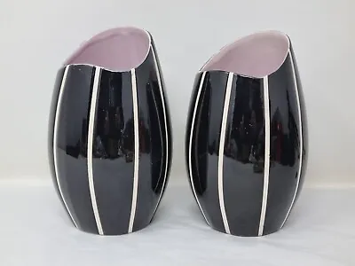 Pair Eastgate Pottery Ceramic Vases Mid Century C.1960s Black Pink White Stripe • £29.99