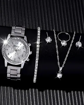 Watch Gift Set For Women 5 Piece Silver Crystal Bracelet Earrings Necklace Ring  • £7.79