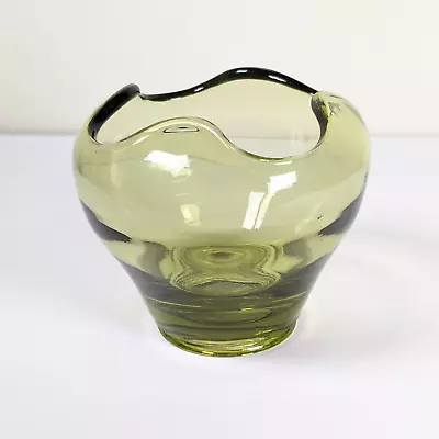 MCM Vintage Viking Glass Epic Four-Lobed Rim Olive Green Rose Bowl  • $25