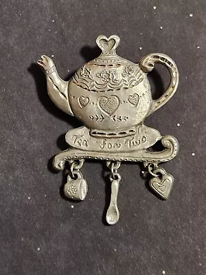 Vintage SPOONTIQUES Etched Pewter TEA FOR TWO Teapot Brooch Pin Dangle Charms • £14.49