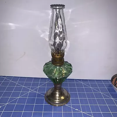 Vintage Miniature Green Oil Lamp With Metal Base And Clear Glass Chimney • $12