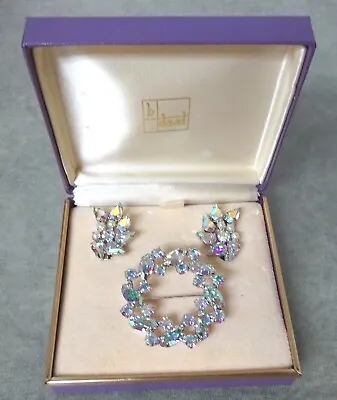 Vintage Signed B. David Aurora Borealis Wreath Brooch & Earrings In Original Box • $69.50