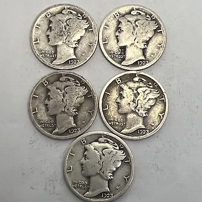 1923 Mercury Dimes - Lot Of 5 - Full Dates - No Mint Marks - Exact Dimes Shown • $13.69