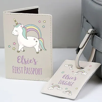 Personalised Baby Unicorn Design Cream Leather Passport Holder & Luggage Tag Set • £22.65