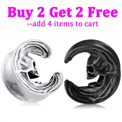 2PCS Stainless Steel Ear Gauges Skull Moon Saddle Hangers Tunnels Plugs Piercing • $11.95