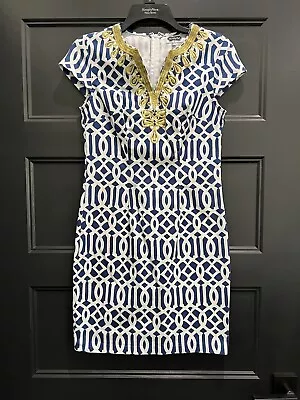 Mud Pie Blue/white Gold Embroidered V Neck Cap Sleeve Dress Xs NWOT • $34.99