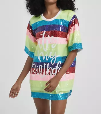  IT'S MY BIRTHDAY  SEQUIN T-SHIRT DRESS (Stripe) - One Size • $59.99