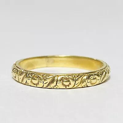 Antique 14K Yellow Gold Engraved Flower Leaf 3.4mm Size 11.25 Men's Band Ring 5g • £863.17