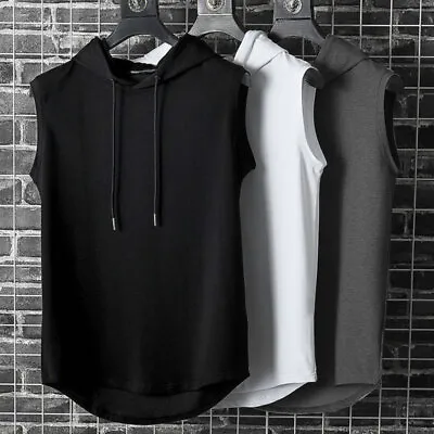 Men Gym Sleeveless Hoodie Fitness Sports Muscle Hooded Vest T-Shirt Tank Tops UK • £10.33