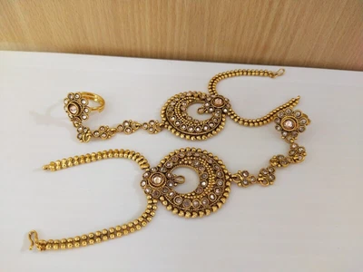 £24.26 • Buy Indian Jewelry Hath Punja Bollywood Ethnic Gold Plated Bracelet With Rings