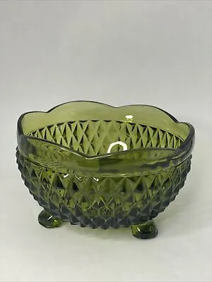 Indiana Glass Co Avocado Green Diamond Point Bowl Footed Candy Dish Vintage MCM • $11.24