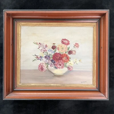 $80 • Buy Vintage Ca.1930 Framed Original Still Life Oil On Canvas Board Floral In A Vase