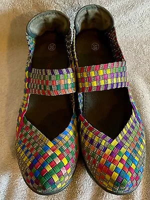 Bernie Mev Mary Jane Rainbow Muli-Color Woven Wedge Shoes Size 38 EU/ 7  1/2 US • £29.97