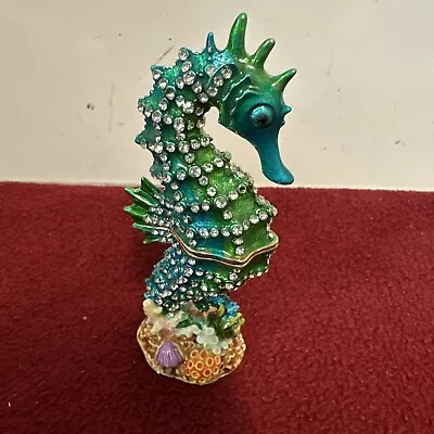 Seahorse Jeweled Enameled Trinket Box Green Magnetic Hinged • $19