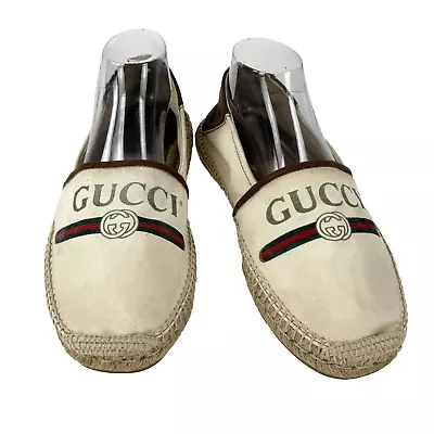 Gucci Men 9.5 US 9 UK 43 Canvas Espadrilles Vintage Print Logo Loafers Shoes • $177