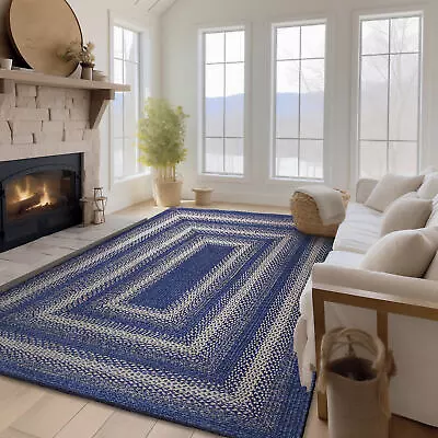 Blue Braided Farmhouse Jute Rug In Rectangles Oval Runner For Kitchen • $179