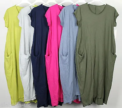 New Italian Lagenlook Quirky Boho Jersey Soft Cotton Stretch Pocket Tunic Dress • £14.99