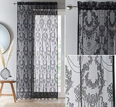 Damask Vintage Lace Curtains Panel Voile Net Slot Top Header Black 183cm 72  New • £8.95