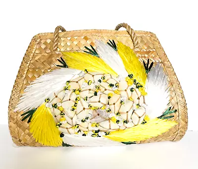 Vintage Handmade Floral Seashell Sisal Straw Bead Vacation Bag • $89