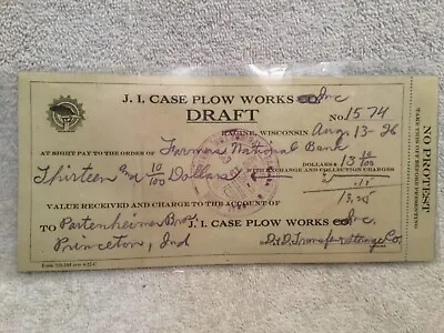 1926 Check J.I. Case Plow Works Racine WI To Partenheimer Bros. Of Princeton IN • $24.99