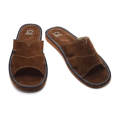 Mens Genuine 100% Suede Leather Slippers Natural Leather Open Toe Brown NEW • £11.99