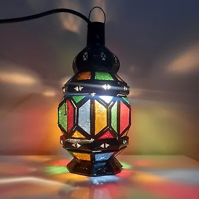 Moroccan Handmade Metal Lantern With Coloured Glass & Hanging Loop Antique Lamp • $38