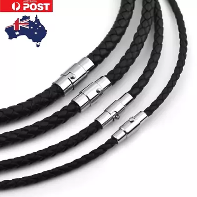 Black Woven Necklace Rope Leather Cord Stainless Steel Lobster Clasp Mens Womens • $7.99