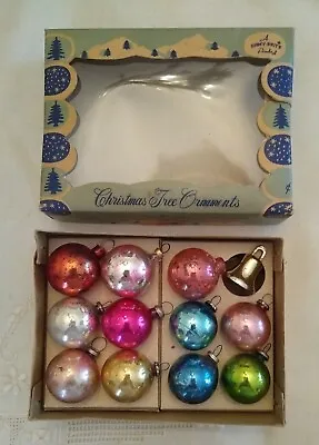 Box 11 Miniature 25mm Shiny Brite Glass Ornaments Japan 1940 + Tiny Plastic Bell • $22