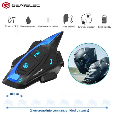 GEARELEC Shark Motorcycle Bluetooth 5.1 Intercom FM Headset 2-Rider 1000m Range  • $39.79