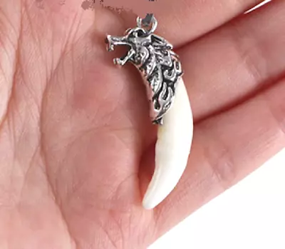 REALISTIC BONE WOLF HEAD TOOTH FANG Pendant On 18  925 Sterling Silver Necklace • $19.88