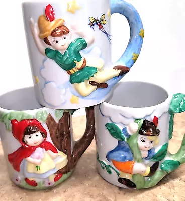 3 Vintage Fairy Tale Tea Cups Hand Painted Peter Pan  Red Riding Hood & Jack  • $13.99