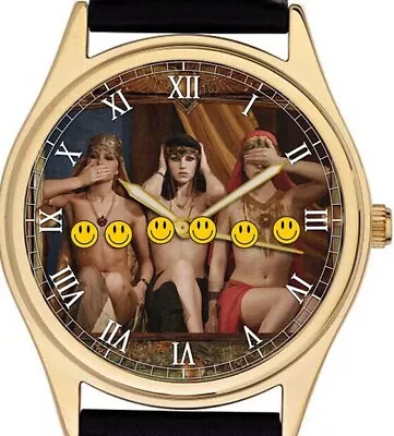 SEXY VINTAGE 1950s  THREE MONKEYS  EROTIC BRITISH ART SOLID BRASS WRIST WATCH • $116.31