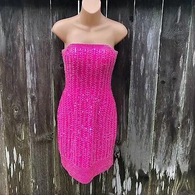 Vintage 90s Demetrios Designs Strapless Dress Pink Silk Beaded Semi Formal Sz 6 • $59.99