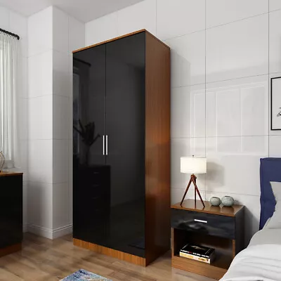 High Gloss 2 Door Black Walnut Wardrobe Large Storage Cupboard Bedroom Furniture • £114.99