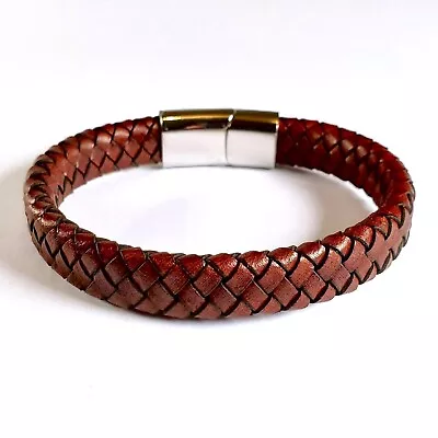 Mens Leather Bracelet Braided Surfer Wristband Stainless Steel Magnetic Clasp UK • £7.95