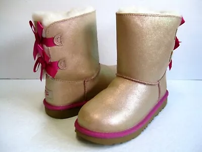 UGG BAILEY BOW II SHIMMER KID SHORT BOOTS METALLIC SUEDE FUCHSIA US Youth 3 • $119.99