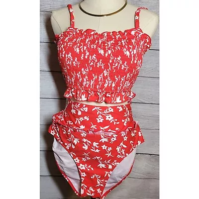 Retro Womens Bikini Size L Bed White Floral Runched High Waisted Ruffle Beach  • $23.24