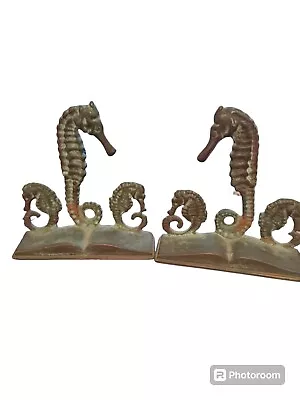 Vintage Pair SEAHORSE BRASS BOOKENDS By VIRGINIA METALCRAFTERS Verdigris Patina • $60