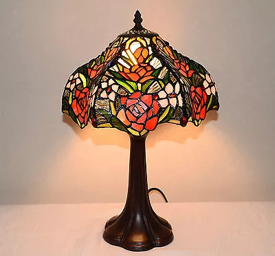 12 W Rose Flowers Stained Glass Handcrafted Table Desk Lamp Zinc Base! • $200